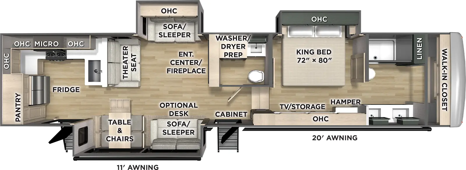 The Columbus 384RKH floorplan has two entries and three slide outs. Exterior features include: fiberglass exterior and 11' & 20' awning. Interiors features include: rear kitchen, free-standing dinette option and bathroom and a half.